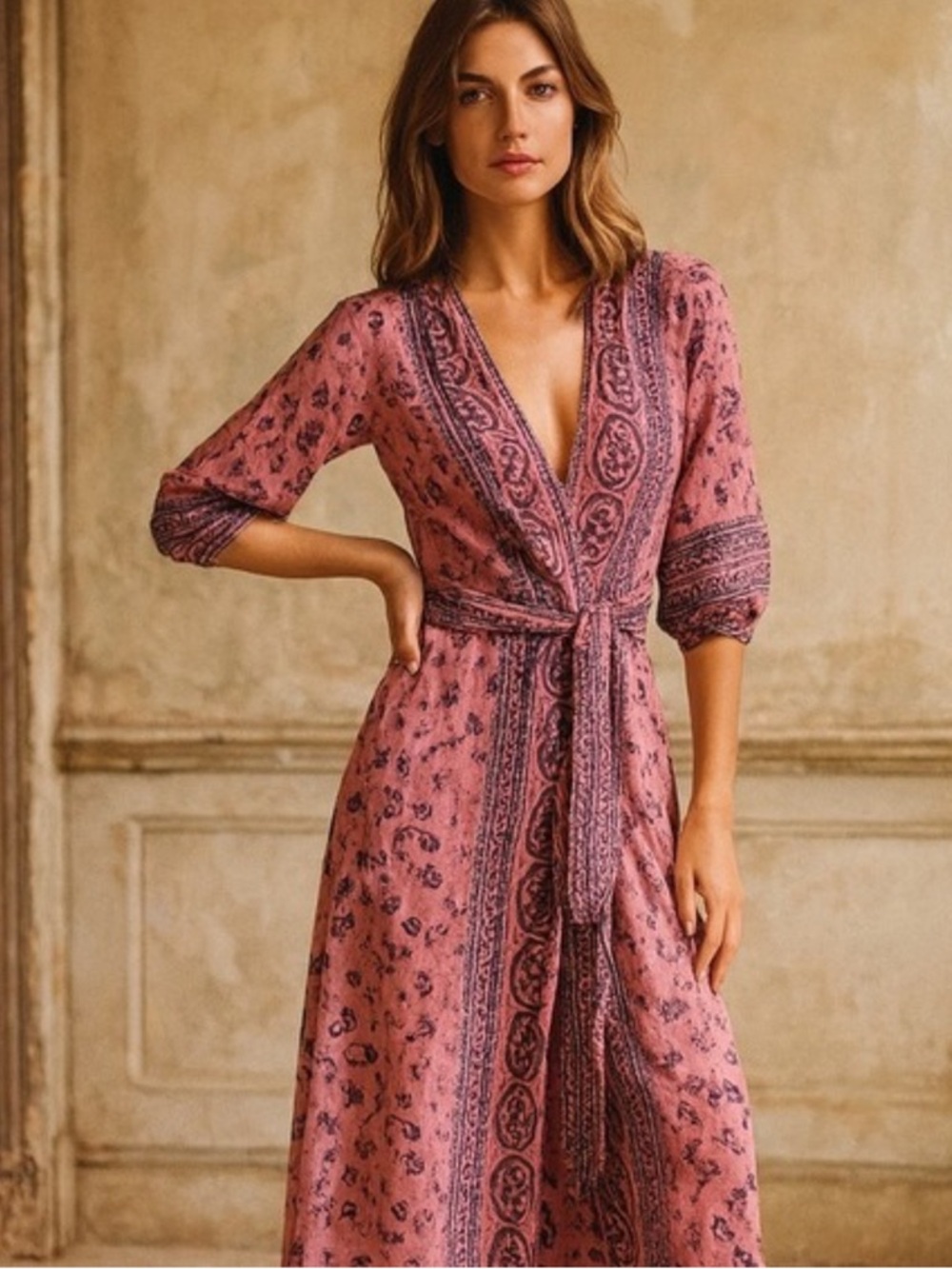 Bell by Alicia Bell Pink Printed Belted Midi Dress Size Large Silk/Cotton Blend